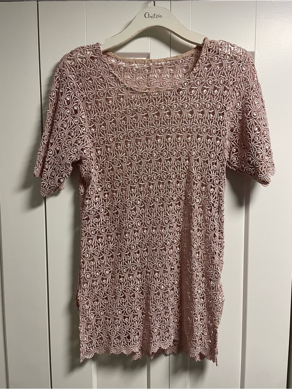 90s Vintage Heavy Crochet Lace Short Sleeve Top Blush Pink Scalloped Small
